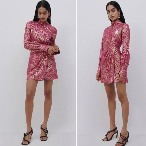 NWT Jonathan Simkhai Halen Ruched Metallic fil coupé silk-blend moire Dress - Picture 5 of 12